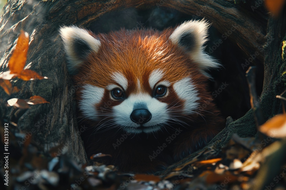 Fototapeta premium Red Panda coming out of a Wood with copy space