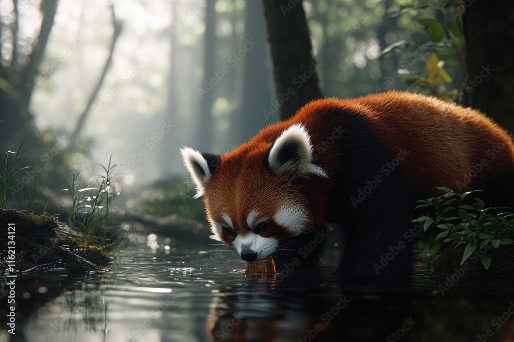 Fototapeta premium Red panda drinking in the forest