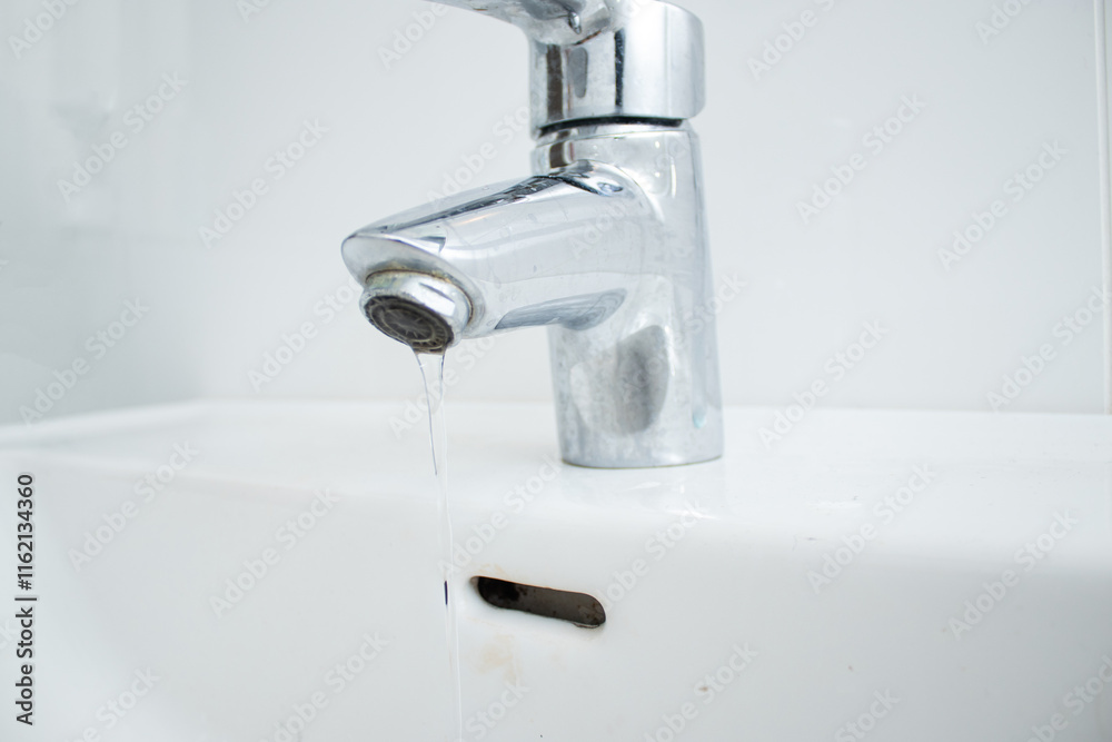 Close up of a bathroom faucet with running water and limescale stains and dirty sink Close up of a bathroom faucet with running water and limescale stains and dirty sink