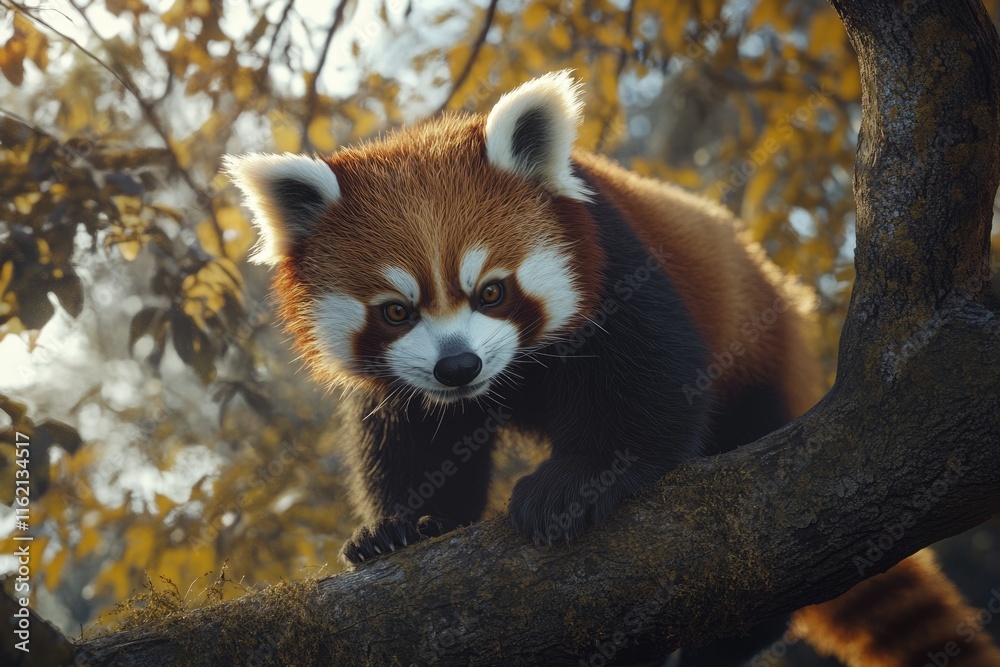 Fototapeta premium Red panda walking on tree branches.