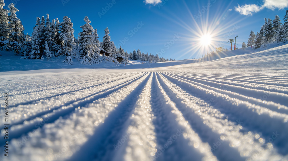 午後の陽光に照らされたスキー場の雪原の静寂な風景 午後の陽光に照らされたスキー場の雪原の静寂な風景