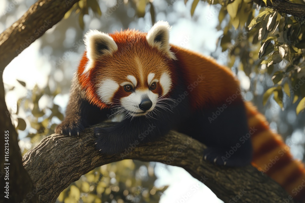 Fototapeta premium Red panda walking on tree branches.