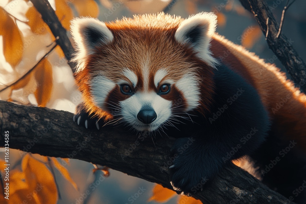 Fototapeta premium Red panda walking on tree branches.