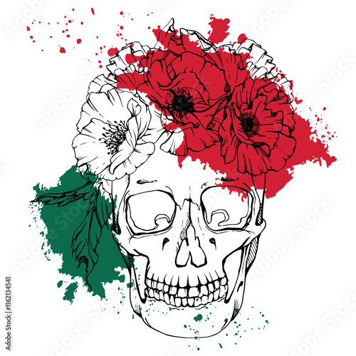 Cinco de Mayo human skull, poppy peony anemone flowers crown. Mexican holiday Day of the Dead symbol, red white green flag. Hand drawn ink vector isolated illustration. Travel brochure, fiesta ticket