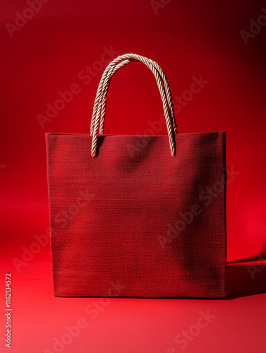 A vibrant red shopping bag with rope handles, ready for a festive shopping spree or gift-giving occasion.