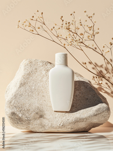 A minimalist still life featuring a delicate white vase nestled within a rough-hewn stone, adorned with a sprig of dried flowers.