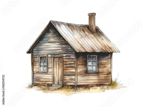 Watercolor wooden house clipart, cartoon style, isolated on a white background.  