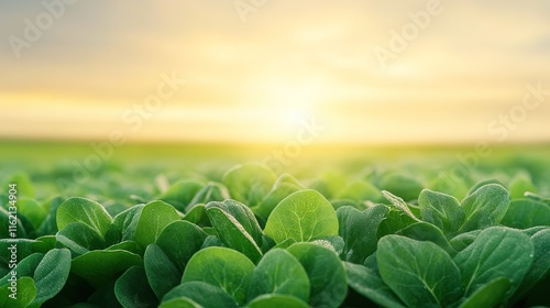 close-up of dewy green lettuce leaves their fresh texture illuminated by soft natural light with blurred field in background photo