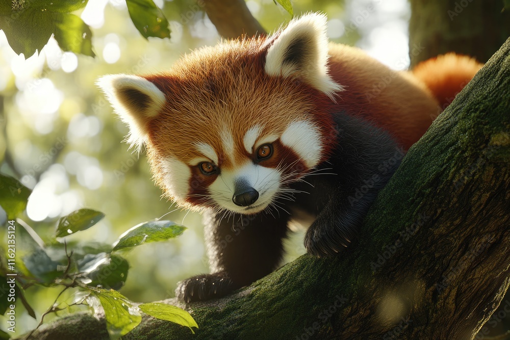 Fototapeta premium Red panda walking on tree branches.