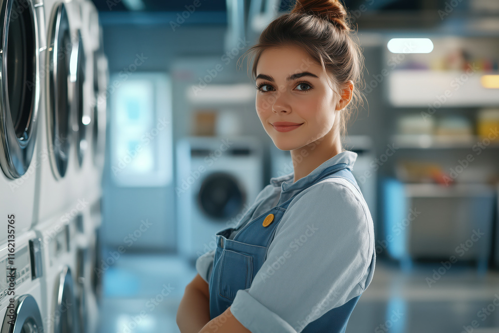 Young woman smiling while handling laundry in laundromat with washers and dryers in the background