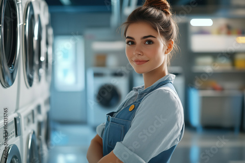 Obraz na płótnie Young woman smiling while handling laundry in laundromat with washers and dryers in the background w salonie
