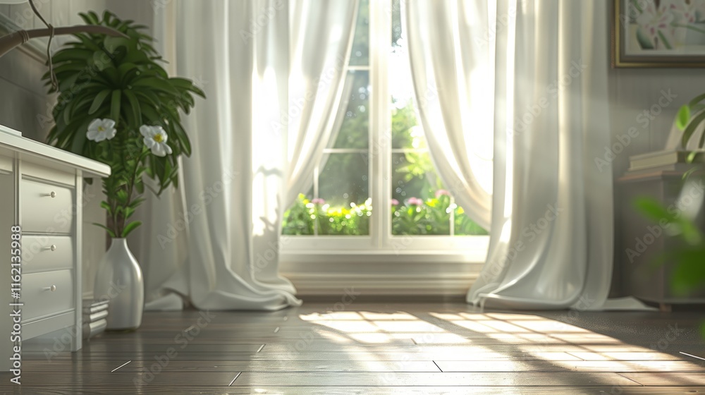 Sunlight streams through sheer curtains in a bright, airy room with hardwood floors, plants, and a window overlooking a garden. Sunlight streams through sheer curtains in a bright, airy room with hardwood floors, plants, and a window overlooking a garden.