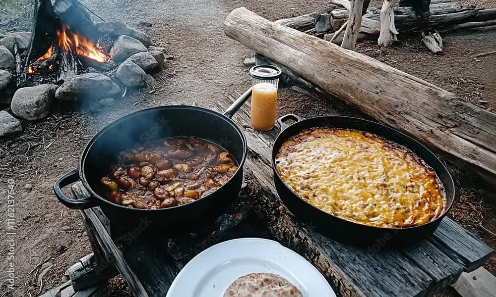 Campfire Cooking with Flavorful Stews and Baked Dishes Surrounded by Nature in a Cozy Outdoor Setting with Fire and Rustic Wooden Table Campfire Cooking with Flavorful Stews and Baked Dishes Surrounded by Nature in a Cozy Outdoor Setting with Fire and Rustic Wooden Table