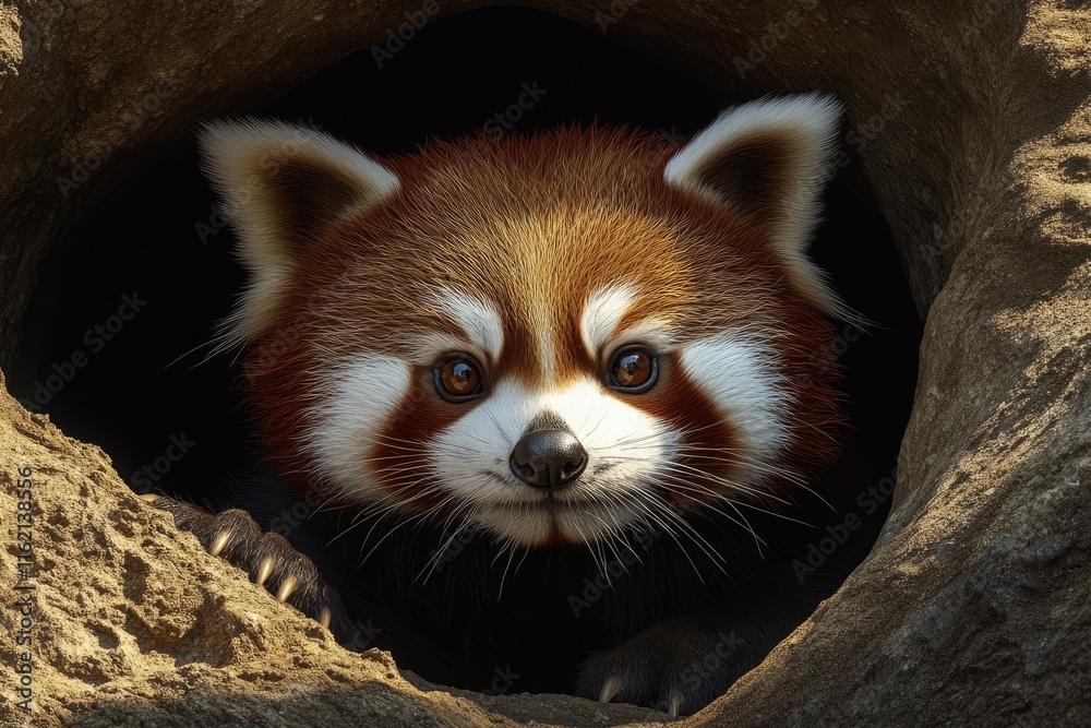 Fototapeta premium a red panda close up steering out from a hole.