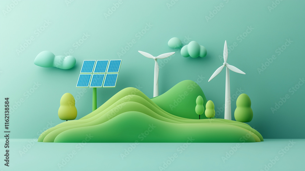 Sustainable landscape with solar panels and wind turbines on green hills, symbolizing renewable energy and eco friendly technology