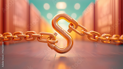 shiny golden chain link shaped like S stands prominently in warehouse setting, symbolizing strength and connection. blurred background features storage containers, enhancing industrial atmosphere