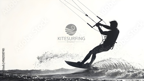 Kitesurfing and kiteboarding. Silhouette of a kitesurfer. Man in a jump performs a trick. Big air competition. 