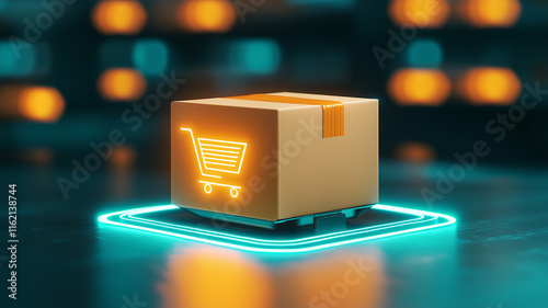 glowing package with shopping cart icon, symbolizing online shopping and delivery services. vibrant colors create modern, tech savvy atmosphere