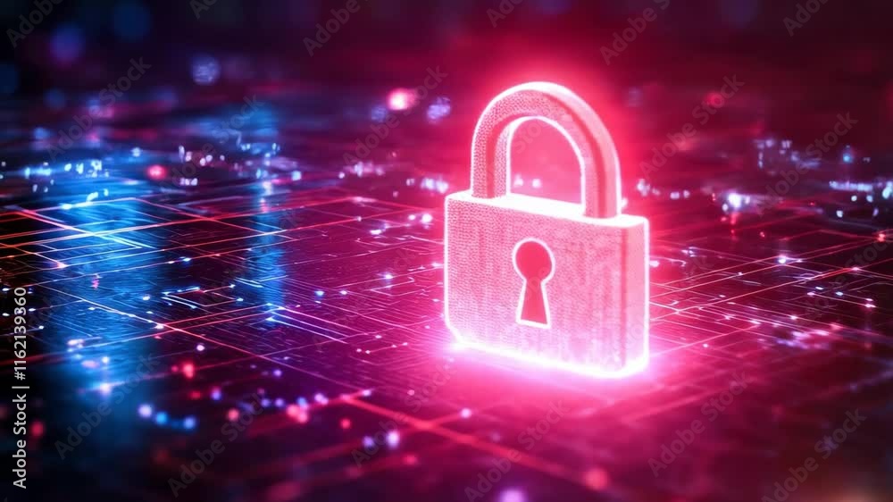 Cyber Security Abstract Animation, Glowing Padlock on Digital Network ...