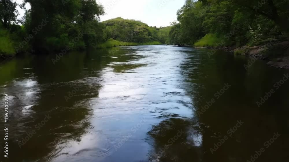 Serene River Flowing Through Lush Green Forest - Tranquil Nature Video Footage, Capturing the Peaceful River's Current Gently Moving Through the Trees, Reflecting the Sky's Beauty Serene River Flowing Through Lush Green Forest - Tranquil Nature Video Footage, Capturing the Peaceful River's Current Gently Moving Through the Trees, Reflecting the Sky's Beauty