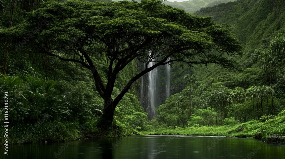 Lush Rainforest Waterfall with Majestic Tree Canopy Lush Rainforest Waterfall with Majestic Tree Canopy