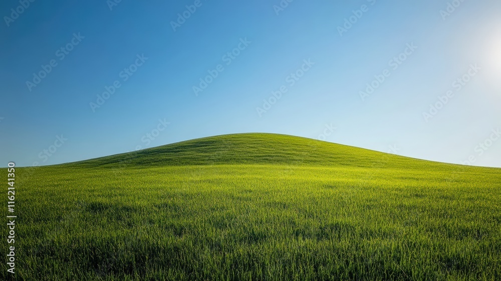 Naklejka premium Rolling hills covered in lush green grass with misty mountains in the distance