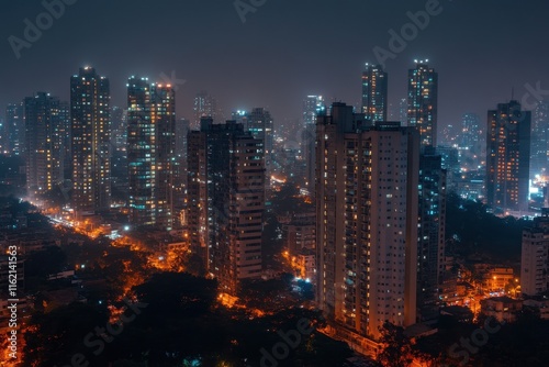 A breathtaking view of a bustling city skyline at night, featuring tall buildings adorned with glowing lights. The vibrant streets below pulse with life and energy.