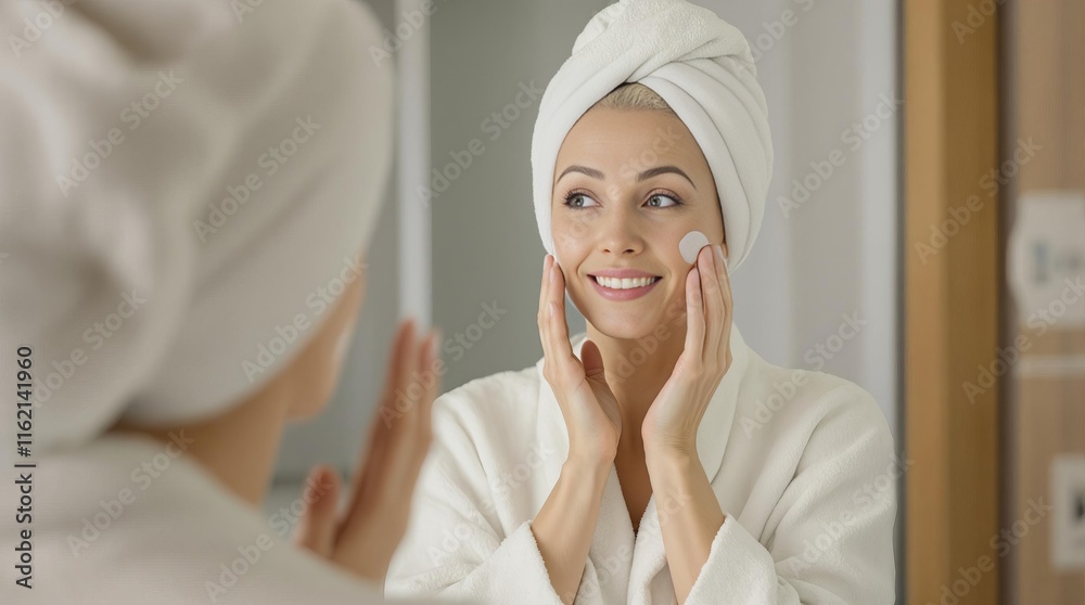 Smiling Woman in a Towel and Bathrobe Applying Skincare, Perfect for Beauty Routines, Self-Care, Wellness Themes, Skincare Products, or Spa Campaigns Smiling Woman in a Towel and Bathrobe Applying Skincare, Perfect for Beauty Routines, Self-Care, Wellness Themes, Skincare Products, or Spa Campaigns