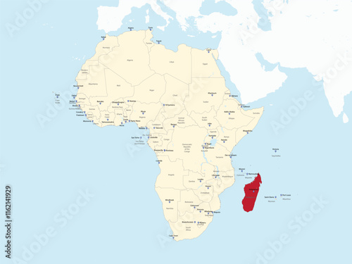 Detailed national location map of MADAGASCAR within the great continent of Africa