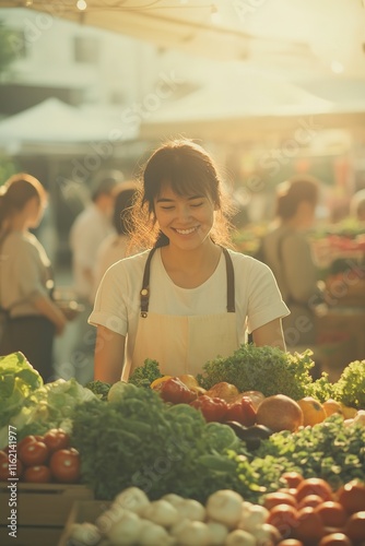 focused shot of woman arranging vibrant market display of fresh produce her smiling face illuminated by soft natural photo