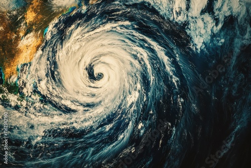 A massive hurricane forms over the ocean, showcasing a tight spiral structure with clouds and waves swirling around its eye, threatening the nearby coastline. photo