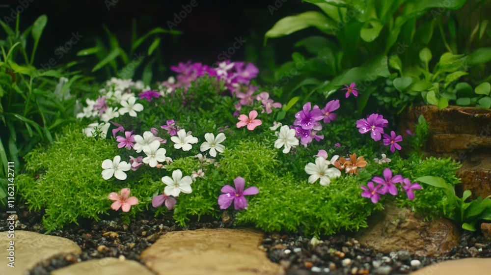 Miniature Garden with Blooming Moss Phlox Flowers Miniature Garden with Blooming Moss Phlox Flowers