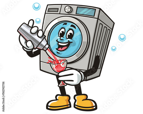 Washing Machine making cocktail,    Cartoon Character Mascot Illustration Vector Clip-art Hand-drawn Logo Design