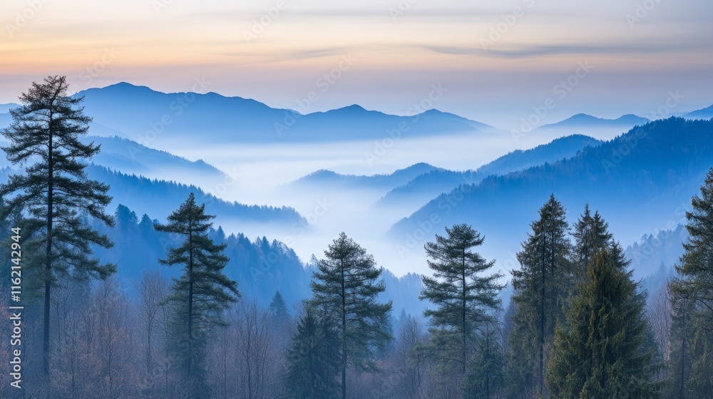 Obraz premium Misty Blue Mountains at Dawn, Serene Forest View
