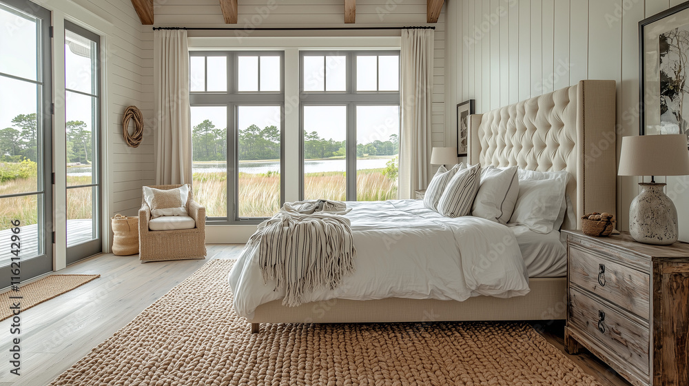 Fototapeta premium Chambre paisible de style New England sur une île privée avec vue sur l'océan