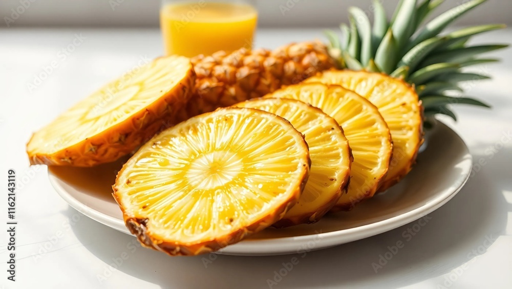 Fresh pineapples, a sliced pineapple laid out on a pristine white plate, the juicy golden flesh glistening under natural light Fresh pineapples, a sliced pineapple laid out on a pristine white plate, the juicy golden flesh glistening under natural light
