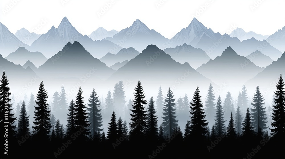 Obraz premium Misty Mountain Range with Silhouetted Coniferous Forest