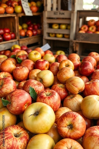A vibrant assortment of heirloom apple varieties displayed at a farmer’s market stall, each apple unique in color, shape, and pattern