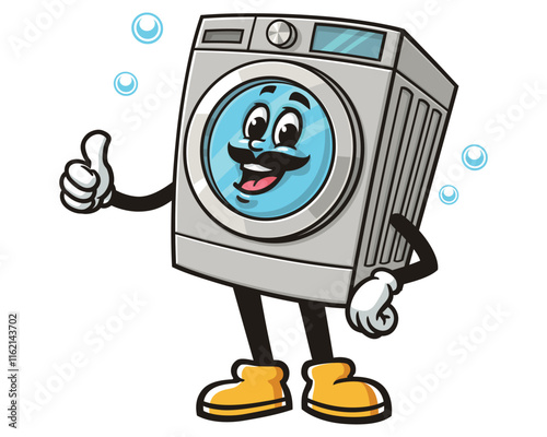 Washing Machine with Mustache,   Cartoon Character Mascot Illustration Vector Clip-art Hand-drawn Logo Design