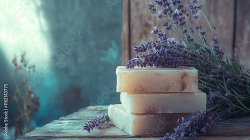 Stack of Handmade Soap Bars with Lavender on Wooden Table. AI generated illustration