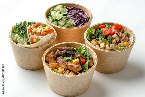 Four eco-friendly containers display colorful salads and grilled proteins, showcasing a healthy meal choice. Ingredients include greens, vegetables, and grilled meat, all appealingly arranged. photo