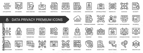 set line icons data privacy security, antivirus firewall malware