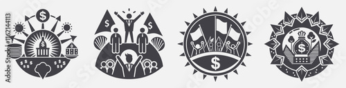 financial independence movement design concept, achieve financial independence investing saving living below, estate dividends hustle entrepreneurship