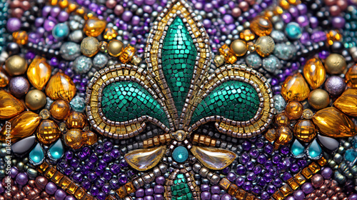 Intricate Beaded Mosaic with Fleur-de-lis Design in Vibrant Jewel Tones. Mardi Gras decor