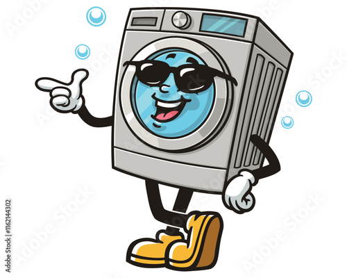 Washing Machine with sunglasses,   Cartoon Character Mascot Illustration Vector Clip-art Hand-drawn Logo Design