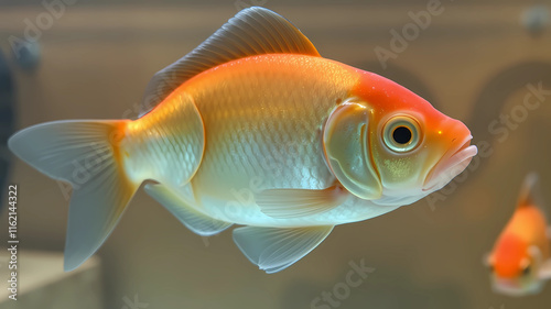 a goldfish in an aquarium looking at the camera lens of the fish in the water, with a plant in the background, Carpoforo Tencalla, photorealism, orange, computer graphics