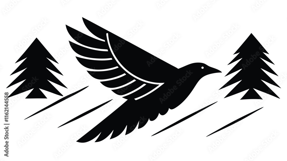 Obraz premium Silhouette of a Crow Flying over a Forest