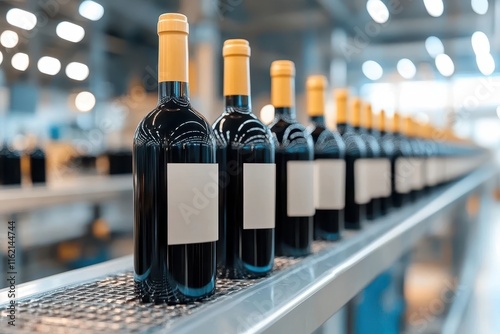 Rows of wine bottles with blank labels moving on a conveyor belt in a wine production factory with bright lights. photo