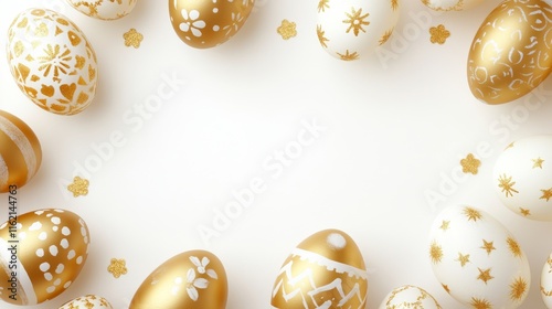 Golden easter egg frame isolated on white background with minimalist design, featuring decorated eggs in metallic gold shades, perfect for happy easter greeting cards, holiday invitations, and seasona photo