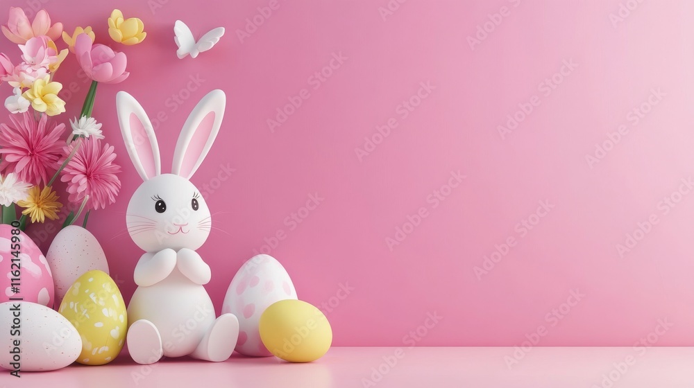 Playful and adorable easter background featuring a cute bunny peeking out of a pink wall, surrounded by festive spring elements for a cheerful and whimsical holiday design Playful and adorable easter background featuring a cute bunny peeking out of a pink wall, surrounded by festive spring elements for a cheerful and whimsical holiday design